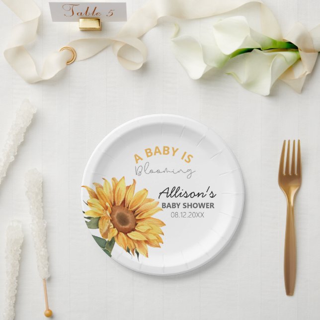 Watercolor Sunflower Floral Theme Baby Shower Paper Plate (Wedding)
