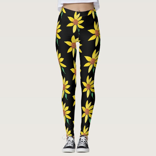 Watercolor Sunflower Floral Vibrant Hand Painted Leggings (Front)