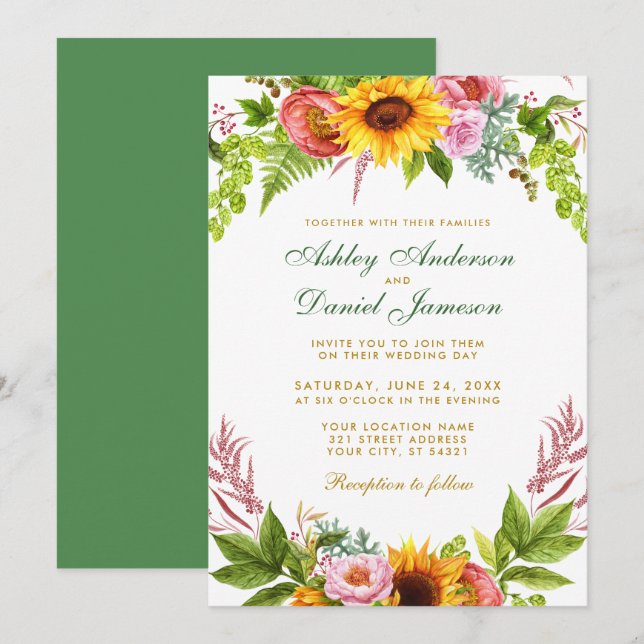 Watercolor Sunflower Floral Wedding Gold Green Invitation (Front/Back)