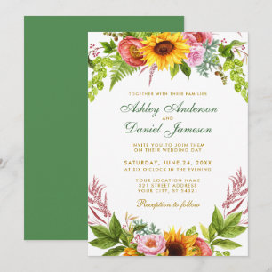 Watercolor Sunflower Floral Wedding Gold Green Invitation