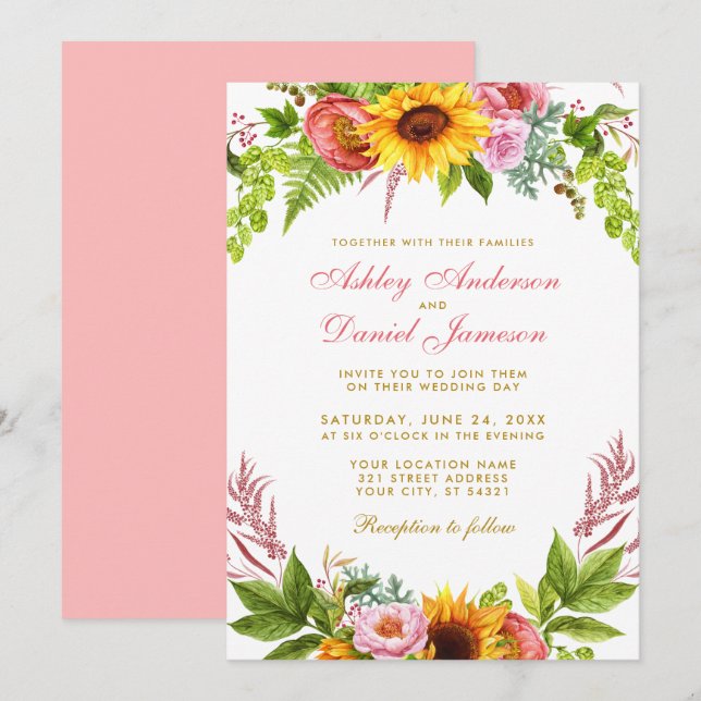 Watercolor Sunflower Floral Wedding Gold Pink Invitation (Front/Back)