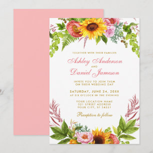 Watercolor Sunflower Floral Wedding Gold Pink Invitation