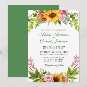 Watercolor Sunflower Floral Wedding Green Invitation