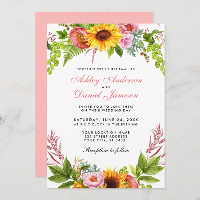 Watercolor Sunflower Floral Wedding Pink Invitation (Front/Back)