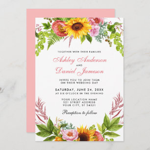 Watercolor Sunflower Floral Wedding Pink Invitation
