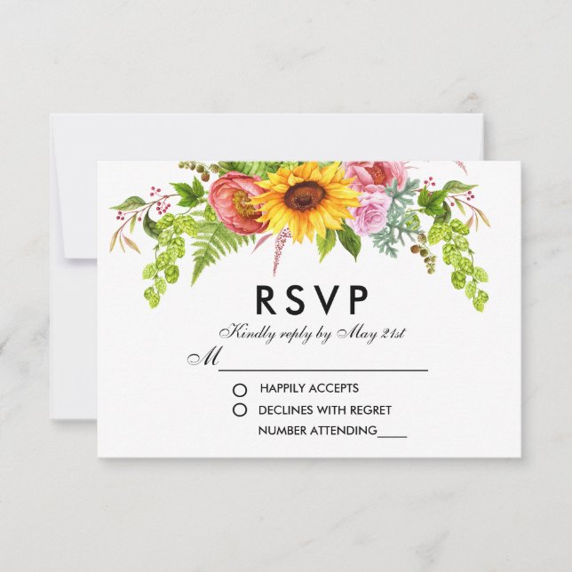 Watercolor Sunflower Floral Wedding RSVP Card (Front)