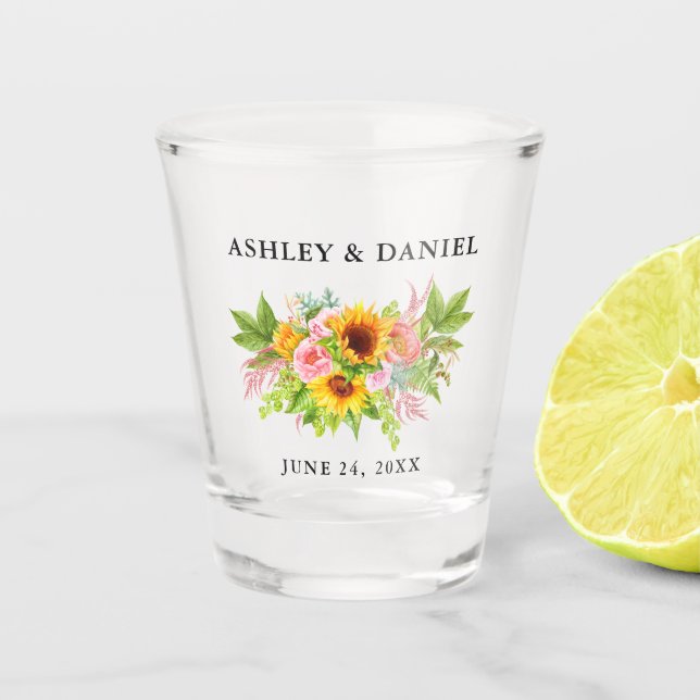Watercolor Sunflower Floral Wedding Shot Glass (Front)