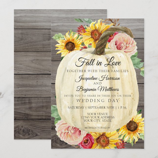 Watercolor Sunflower Floral White Pumpkin Wooden Invitation (Front/Back)