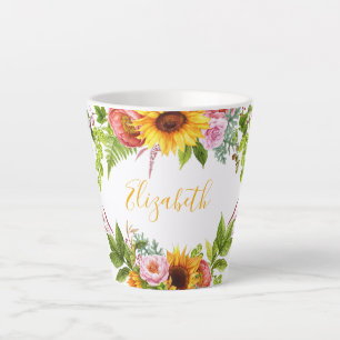 Watercolor Sunflower Floral Yellow Name Latte Mug
