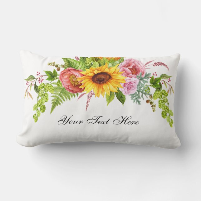 Watercolor Sunflower Floral - Your Text - Lumbar Cushion (Front)