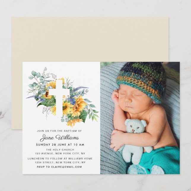 watercolor sunflower florals Baptism  Invitation (Front/Back)