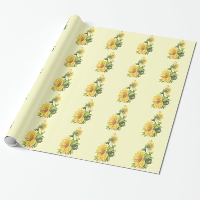 Watercolor  Sunflower Flower Design Wrapping Paper (Unrolled)