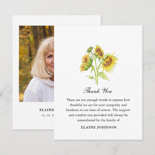 Watercolor Sunflower Funeral Photo Thank you  Card (Front/Back)