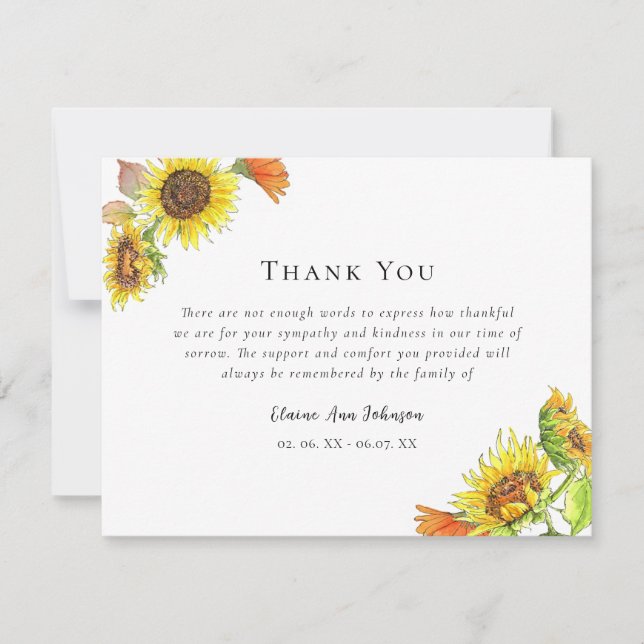 Watercolor Sunflower Funeral Sympathy Thank you  Card (Front)