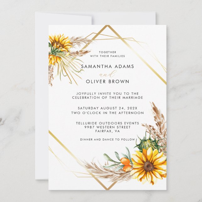 Watercolor Sunflower Geometric Rustic Wedding Invitation (Front)