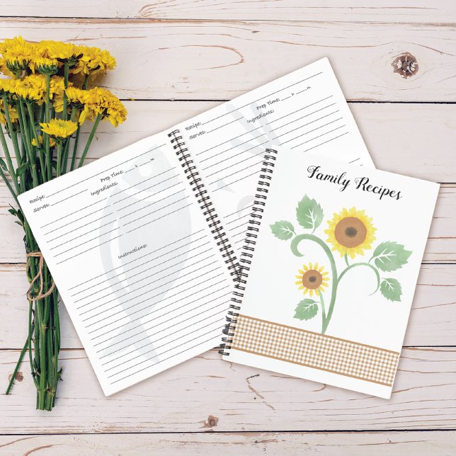 Watercolor Sunflower Gingham Family Recipe Notebook (Creator Uploaded)