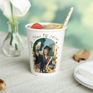 Watercolor Sunflower Graduation Cap Class of 2026 Paper Cups