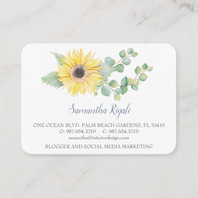 Watercolor Sunflower Green Eucalyptus Business Enclosure Card (Front)