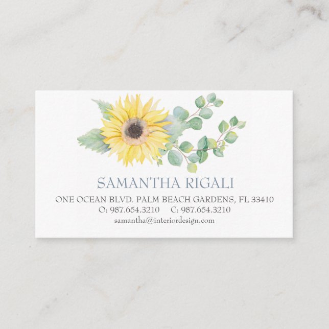 Watercolor Sunflower Green Eucalyptus Business Enclosure Card (Front)