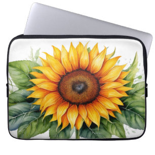 watercolor sunflower green leaves hand drawn laptop sleeve