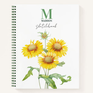 Watercolor Sunflower Green Monogram Sketchbook Notebook