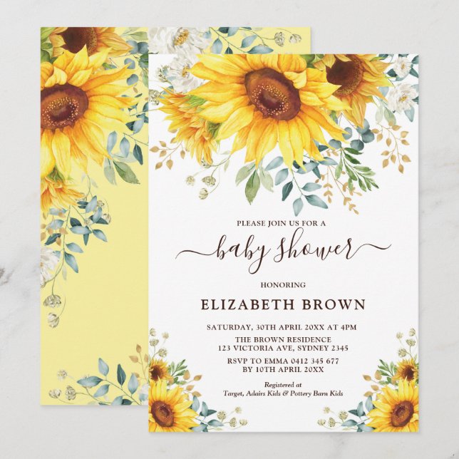 Watercolor Sunflower Greenery Garden Baby Shower Invitation (Front/Back)