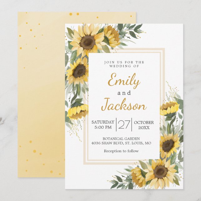 Watercolor Sunflower Greenery Wedding  Invitation (Front/Back)