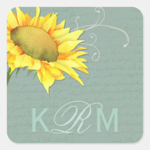 Watercolor Sunflower Greyed Jade Wedding Square Sticker