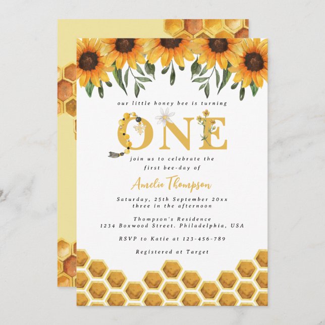 Watercolor Sunflower Honeycomb First Bee-day  Invitation (Front/Back)