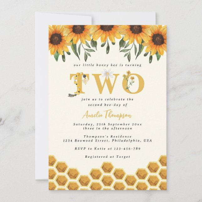 Watercolor Sunflower Honeycomb Second Bee-day Invitation (Front)