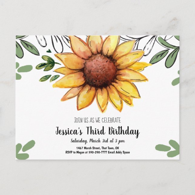 Watercolor Sunflower Kid Birthday Party Invitation (Front)