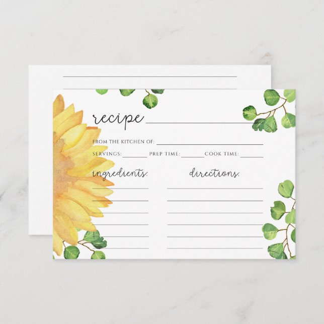 Watercolor sunflower minimalist recipe card (Front/Back)
