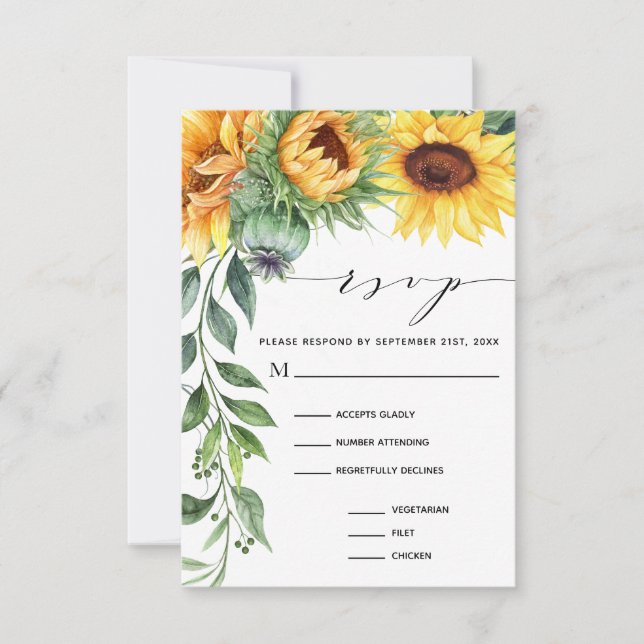Watercolor Sunflower Modern Meal Choice RSVP Card (Front)