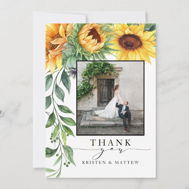 Watercolor Sunflower Modern Photo Thank You Card (Front)