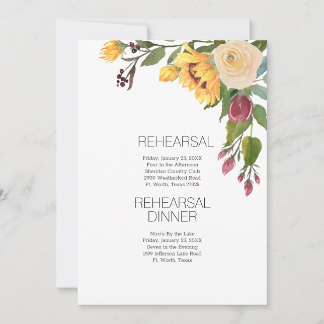 Watercolor Sunflower Modern Wedding Rehearsal Invitation (Front)
