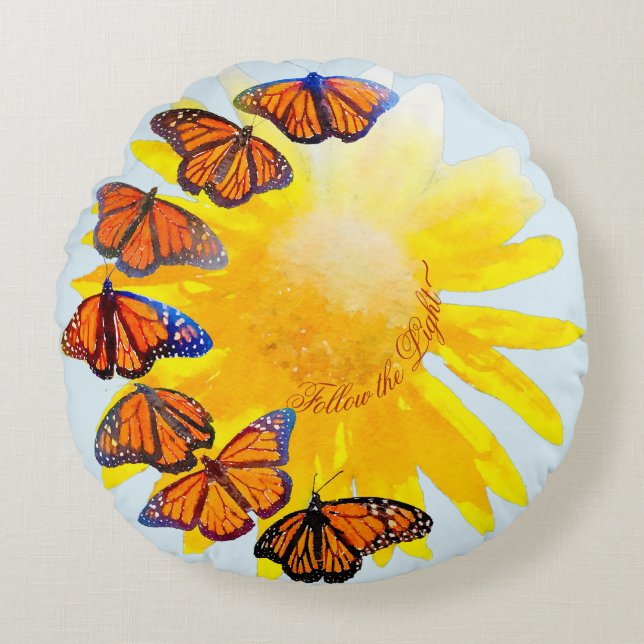 Watercolor Sunflower & Monarch Butterfly Migration Round Cushion (Front)