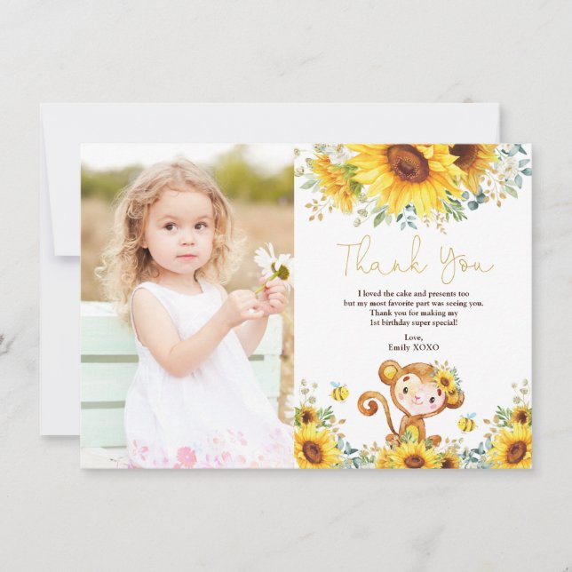Watercolor Sunflower Monkey Baby Girl Birthday Thank You Card (Front)