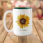 Watercolor Sunflower Monogram Name Two-Tone Coffee Mug<br><div class="desc">This design features a beautiful painted sunflower image with space for a monogram in the centre and a name/text underneath. Click the customise button for more flexibility with moving/scaling the images and modifying the text! Variations of this design, additional colours, as well as coordinating products are available in our shop,...</div>