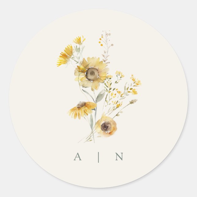 Watercolor Sunflower Monogram Sticker (Front)