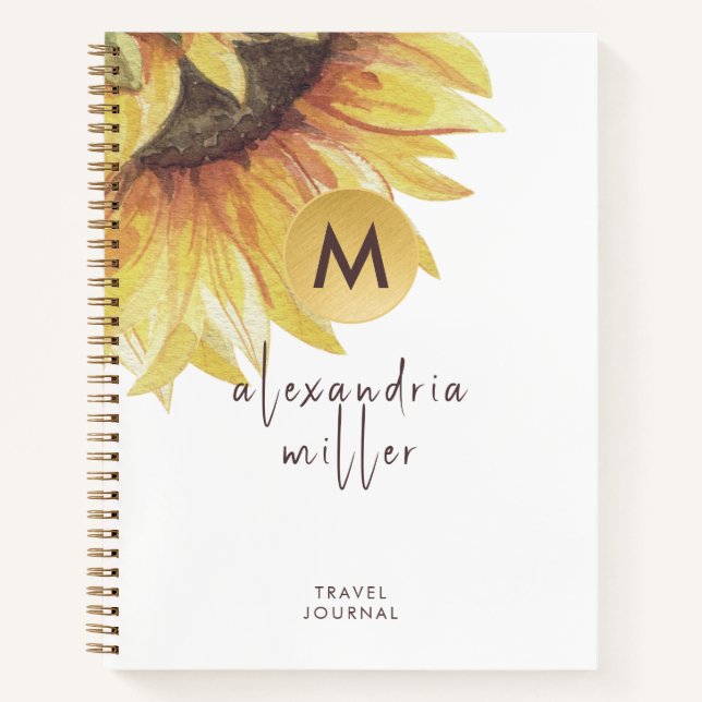 Watercolor Sunflower Monogram Travel Journal (Front)