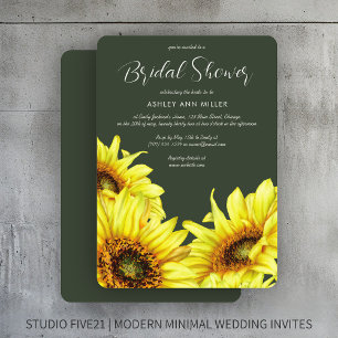 Watercolor Sunflower Moss Green Wedding Shower Invitation