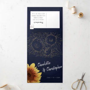 Watercolor sunflower navy blue all in one wedding Tri-Fold invitation