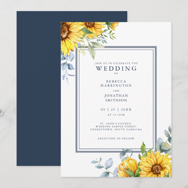 Watercolor Sunflower Navy Blue Wedding Invitation (Front/Back)