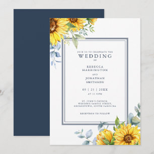 Watercolor Sunflower Navy Blue Wedding Invitation