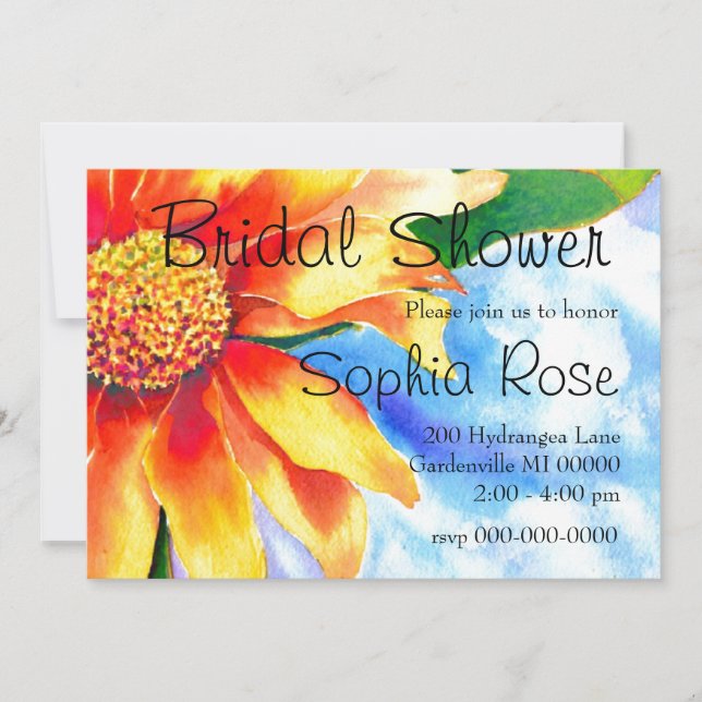 Watercolor sunflower painting yellow orange floral invitation (Front)