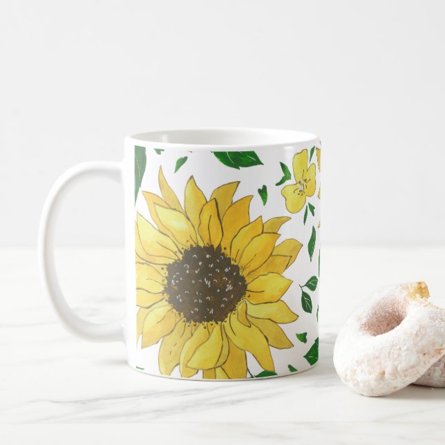 Watercolor Sunflower Pattern  Coffee Mug (With Donut)