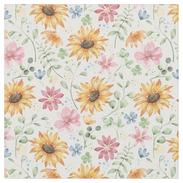 Watercolor Sunflower Pattern Fabric  (Close Up)