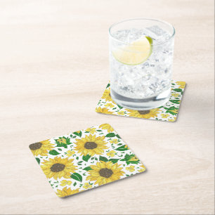 Watercolor Sunflower Pattern Square Paper Coaster