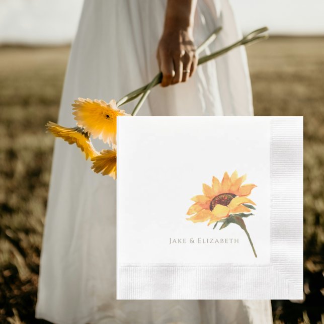 Watercolor Sunflower Personalised Coined Wedding Napkin (Creator Uploaded)