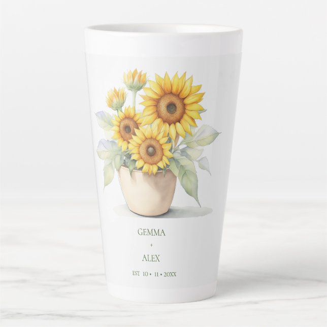 Watercolor Sunflower Personalised Newlyweds Latte Mug (Front)